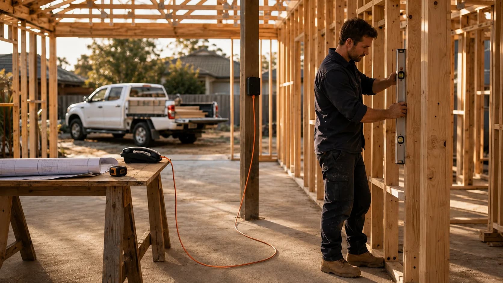 A builder checking a level inside the timber frame of a new home, with the site phone on a trestle table connected by one orange cable