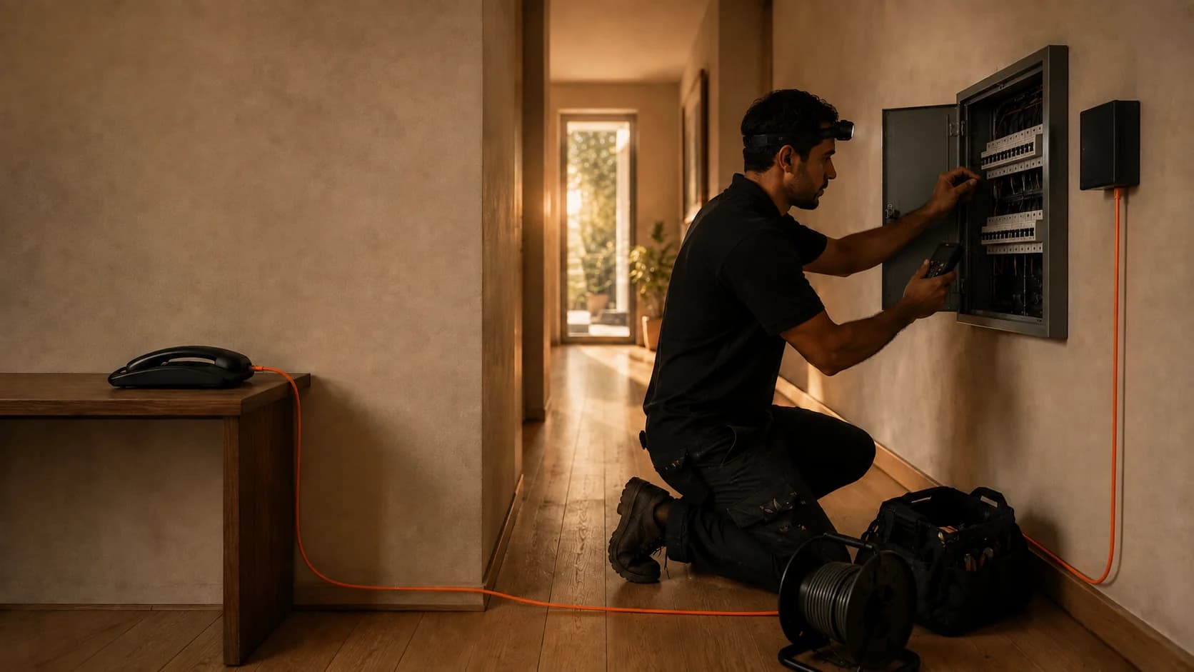 An electrical contractor's depot with the reception phone connected by one orange cable to the van in the roller door