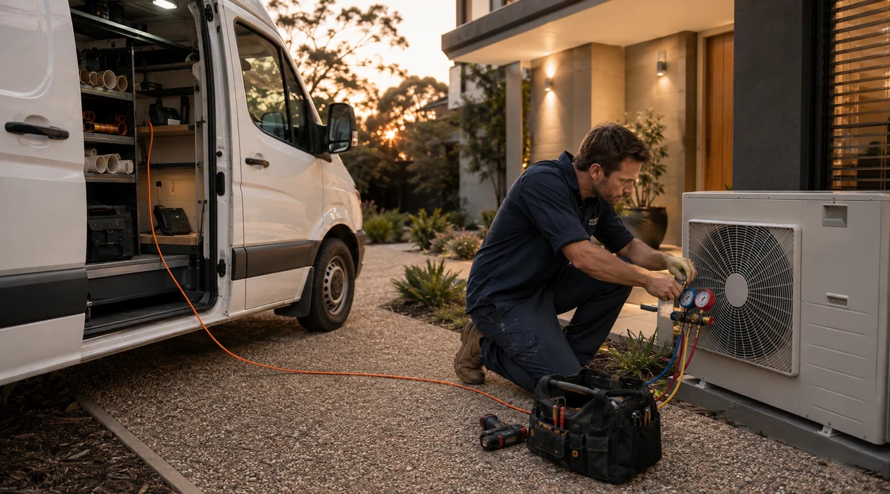 An air-conditioning technician servicing an outdoor unit at dusk beside a service van connected by one orange cable