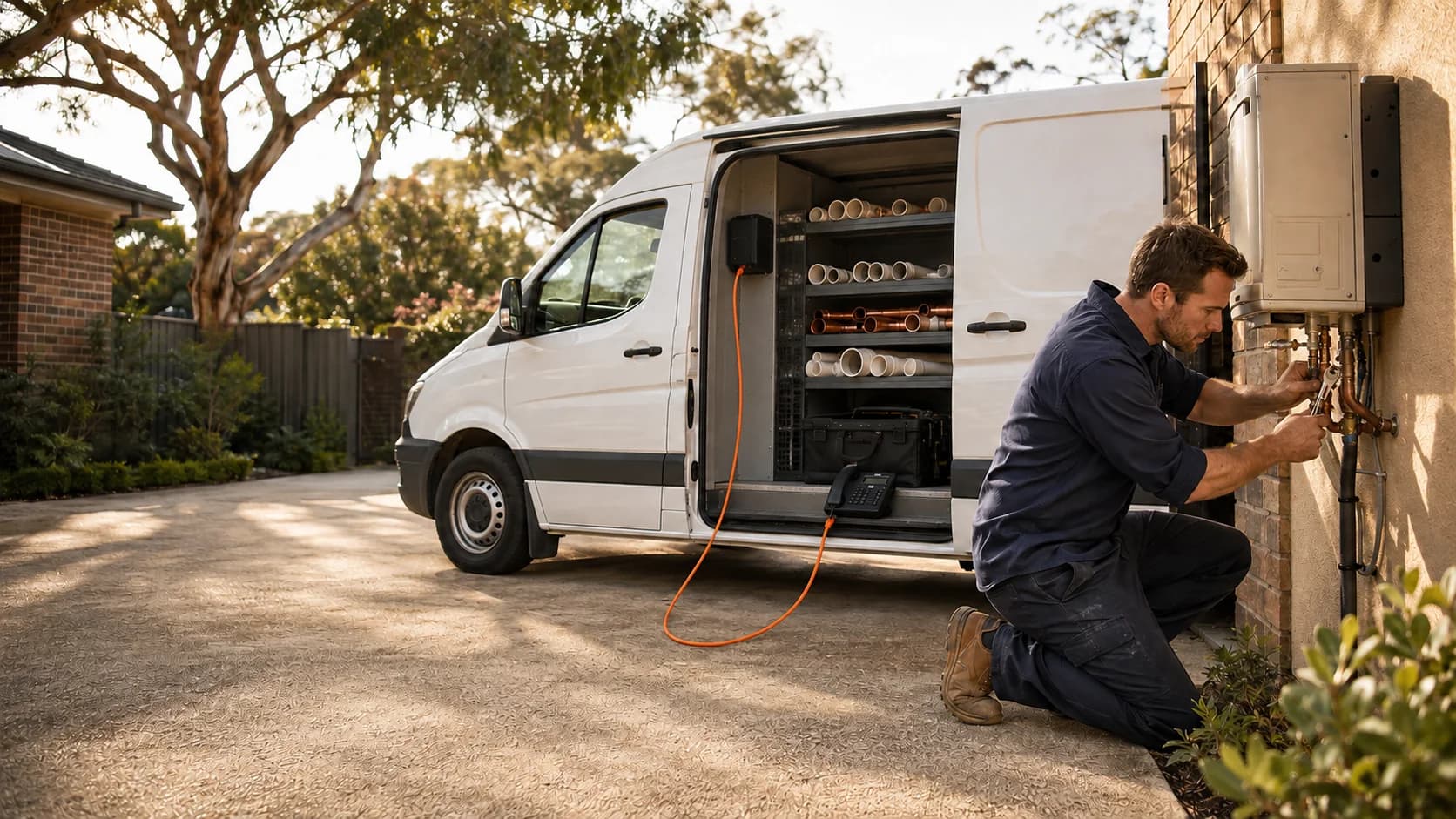 A plumber working on a hot water unit beside his van